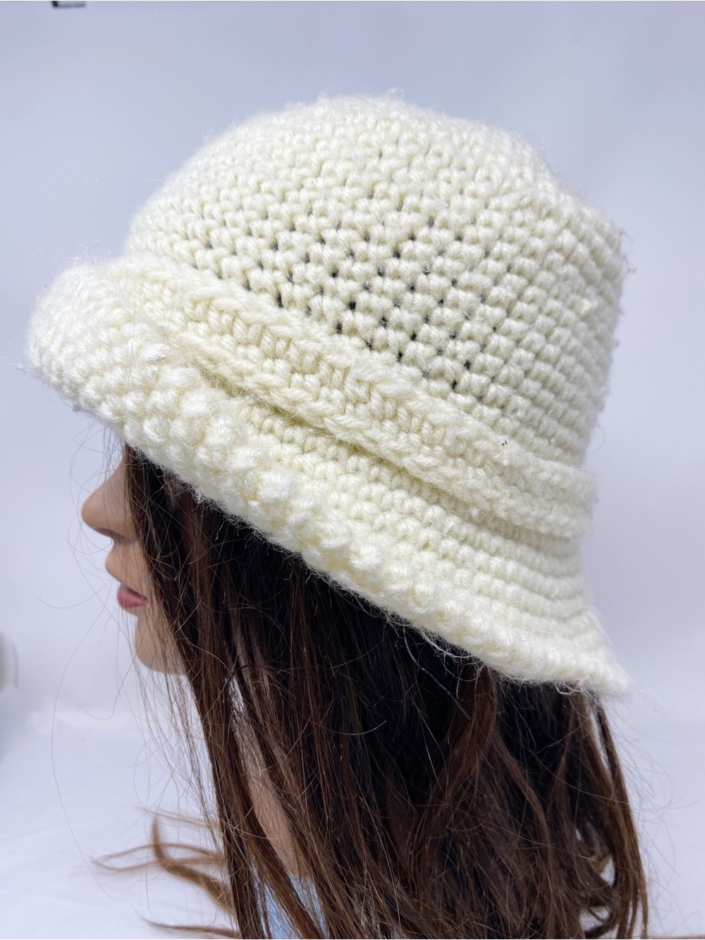 Vintage 1960s Cream Crochet Knit Bucket Hat Acrylic Made in Japan Soft Cozy